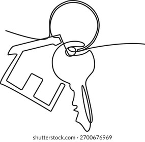 Um único desenho de linha contínua representa uma chave e uma forma de casa, simbolizando a propriedade da casa.