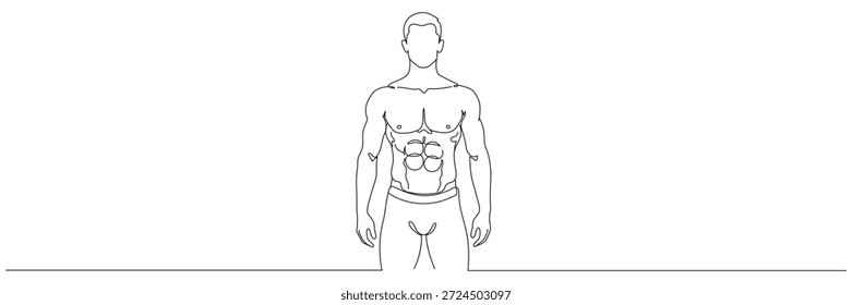 Un solo dibujo de línea continua representa a un culturista masculino joven y fuerte en una pose segura. Concepto de logotipo de gimnasio. Línea editable.