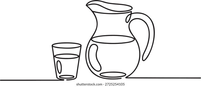 Un solo dibujo de línea continua representa un vaso de agua junto a una jarra, transmitiendo conceptos de refresco, pureza e hidratación. Este diseño minimalista enfatiza un estilo de vida saludable, una vida limpia y la naturaleza esencial del agua, adecuada para varios proyectos relacionados con la salud y el bienestar. Representa un mensaje simple pero profundo de bienestar y necesidades básicas.