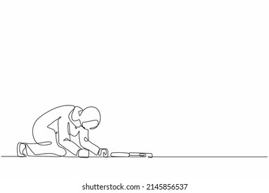 Single continuous line drawing depressed Arabian businesswoman with briefcase crawling in despair on floor. Frustrated office worker mental health problems. One line graphic design vector illustration