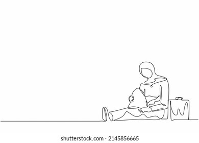 Single continuous line drawing depressed Arab businesswoman with briefcase sitting in despair on the floor. Entrepreneur sad gesture expression. Professional burnout syndrome. One line design vector