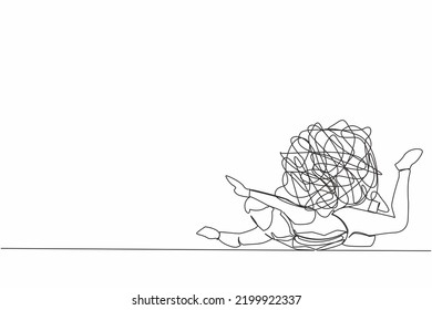 Single continuous line drawing depressed businessman under heavy messy line burden. Stress burden, anxiety from work difficulty, overload, economic crisis problem. One line design vector illustration