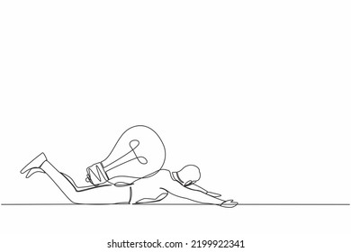 Single continuous line drawing of depressed businessman under heavy light bulb burden. Worker without new ideas or lack of inspiration in work and business. One line graphic design vector illustration