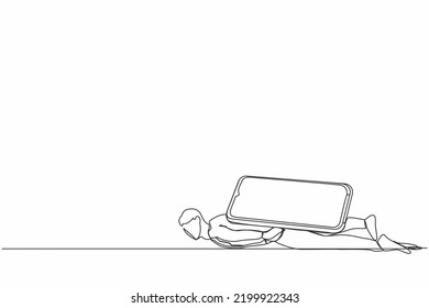 Dibujo de una sola línea continua de un empresario deprimido bajo una pesada carga de smartphone. Me siento estresado y cansado. Agotamiento, depresión, problema de exceso de trabajo. Ilustración vectorial de diseño gráfico de una línea