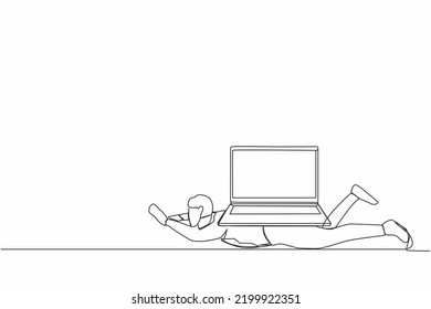 Single continuous line drawing depressed businessman under heavy laptop computer burden. Fatigue from work, tired employee. Boring office worker, burnout at work. One line design vector illustration