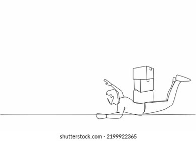 Einzelne fortlaufende Linienzeichnung depressiver Geschäftsmann unter starker Schachtellast. Überarbeiteter Mann mit Stapel Karton. Stress bei der Arbeit. Bürokratie. Eine Zeile Grafik-Design, Vektorgrafik-Illustration