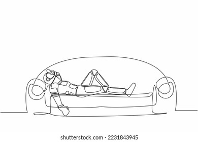 Single continuous line drawing depressed astronaut holding his head lying sofa  Stressed   anxiety space journey failure  Cosmonaut deep space  One line draw graphic design vector illustration