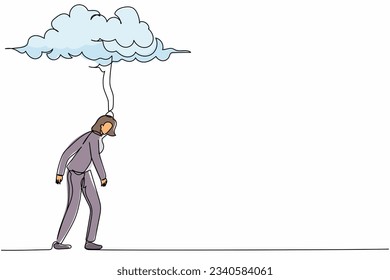 Single continuous line drawing depressed businesswoman in stress walking under rain cloud. Unhappy female manager depression cause failed in business. One line draw graphic design vector illustration