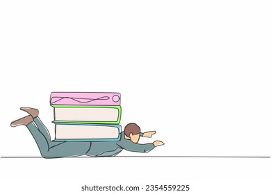 Single continuous line drawing depressed businessman under heavy stack paper and folder burden. Paperwork stress pressure metaphor. Office worker overworked with paperwork. One line draw design vector