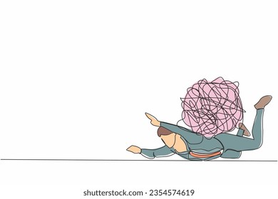 Single continuous line drawing depressed businessman under heavy messy line burden. Stress burden, anxiety from work difficulty, overload, economic crisis problem. One line design vector illustration