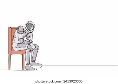Single continuous line drawing of depressed astronaut hold his head sitting on chair. Regret on galactic journey mission mistake. Cosmonaut deep space. One line draw graphic design vector illustration