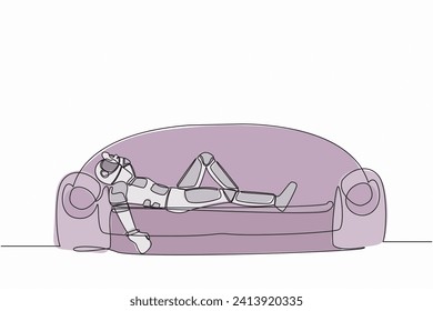 Single continuous line drawing depressed astronaut holding his head lying on sofa. Stressed and anxiety on space journey failure. Cosmonaut deep space. One line draw graphic design vector illustration