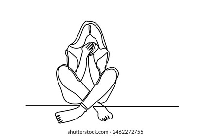 Single Continuous line drawing of Depressed teenager Sad young girl.Bad mood, Unhappy Girl, sorrow, melancholy, negative emotions concept. Girl Crying And Covering Her Face With Her Hands. Worried 