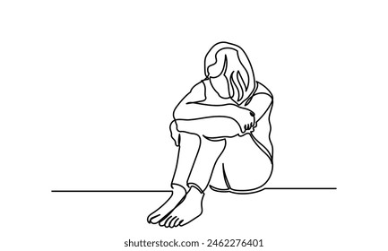 Single Continuous line drawing of Depressed teenager Sad young girl.Bad mood, Unhappy Girl, sorrow, melancholy, negative emotions concept. Girl Crying And hugging her legs. Worried people concept