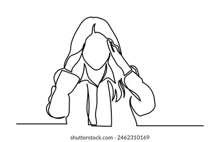 Single Continuous line drawing of Depressed teenager Sad young girl.Bad mood, Unhappy Girl, sorrow, melancholy, negative emotions concept. Girl Crying Worried people concept