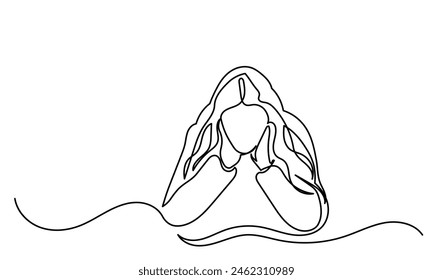 Single Continuous line drawing of Depressed teenager Sad young girl.Bad mood, Unhappy Girl, sorrow, melancholy, negative emotions concept. Girl Crying  Worried people concept