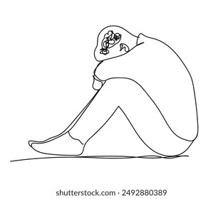 Single Continuous line drawing of Depressed teenager Sad young boy. Bad mood, Unhappy , sorrow, melancholy, negative emotions concept. Man Crying And hugging her legs. Worried people concept