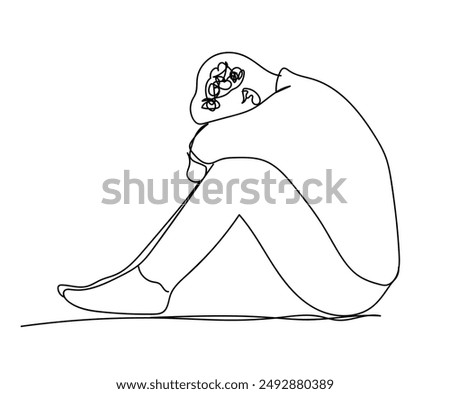 Single Continuous line drawing of Depressed teenager Sad young boy. Bad mood, Unhappy , sorrow, melancholy, negative emotions concept. Man Crying And hugging her legs. Worried people concept