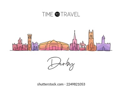 Single continuous line drawing Derby city skyline, United Kingdom. Famous city scraper landscape. World travel home wall decor art poster print concept. Modern one line draw design vector illustration