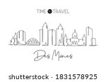 Single continuous line drawing of Des Moines city skyline, Iowa. Famous city scraper landscape. World travel home wall decor art poster print concept. Modern one line draw design vector illustration