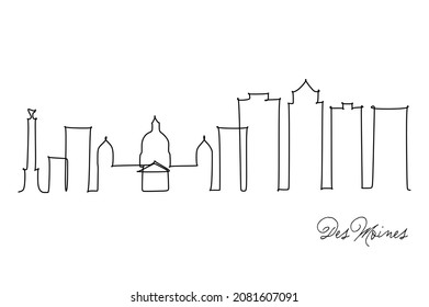 Single continuous line drawing of Des Moines city skyline, Iowa. Famous city scraper landscape. World travel home wall decor art poster print concept. Modern one line draw design vector illustration