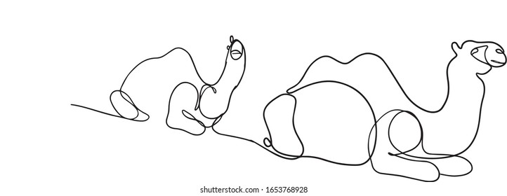 Single continuous line drawing of desert Arabic two camels for logo identity. Cute dromedary animal concept for national zoo icon. One line draw design vector illustration. Two camels in a desert.