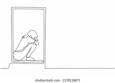 Single continuous line drawing desperate young woman sitting on windowsill. Upset, depression, stress, melancholy, despair, frustration, life problems. One line draw graphic design vector illustration