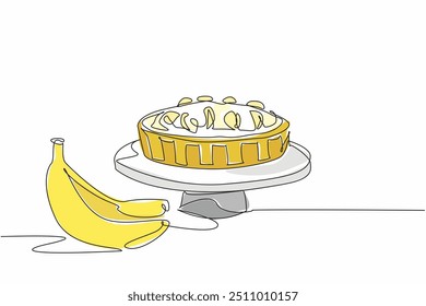 Single continuous line drawing dessert in the form of banana cream pie. Low protein snacks. Delicious taste. High in antioxidants. National Banana Cream Pie Day. One line design vector illustration