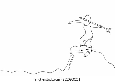 Single continuous line drawing determined Arabic businesswoman throwing rising up arrow to achieve goal. Business growth, success, improvement concept. One line draw graphic design vector illustration