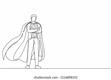 Single continuous line drawing determined businessman or office worker super hero in cloak. The concept of leadership and strength in business. Dynamic one line draw graphic design vector illustration