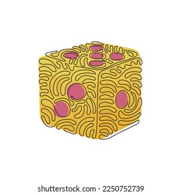 Un único dado de dibujo continuo. Dice con puntos blancos. Cubo de dados, juego de casino. Cubo de contorno por contorno negro para juego de mesa. Estilo de rizo giratorio. ilustración vectorial de diseño gráfico de una línea