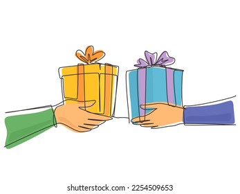 Single continuous line drawing different male hand hold present box gift, souvenir. International grant exchange concept holiday, man arm give new year carton. One line draw graphic design vector