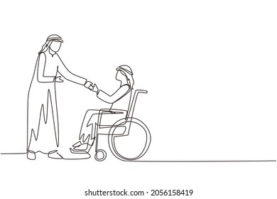 Single continuous line drawing disability employment, work for disabled people. Disable Arabian man sit in wheelchair shaking hand with colleague in office. One line draw design vector illustration