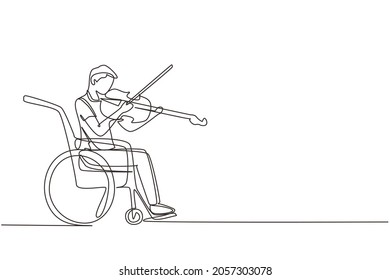 Single continuous line drawing disability and music. Man in wheelchair plays violin. Physically disabled, injured. Person in hospital. Rehabilitation center patient. One line draw design vector