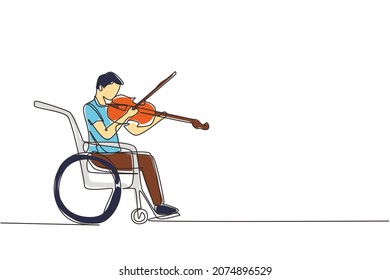 Single continuous line drawing disability and music. Man in wheelchair plays violin. Physically disabled, injured. Person in hospital. Rehabilitation center patient. One line draw design vector