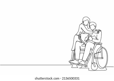 Single continuous line drawing disability man on wheelchair with trophy cup sharing his joy from achievements and victory with his wife. Disabled people success in sport. One line draw design vector