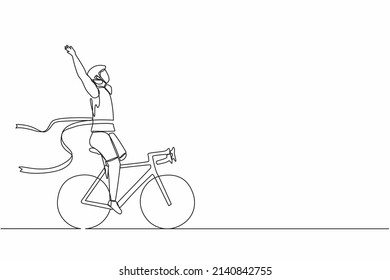 Single continuous line drawing disability games male disabled athlete or sportsman riding bicycle and crossing finish line. Ribbon breaker winner. Winning champion concept. One line draw design vector