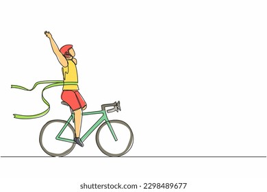 Single continuous line drawing disability games male disabled athlete or sportsman riding bicycle and crossing finish line. Ribbon breaker winner. Winning champion concept. One line draw design vector