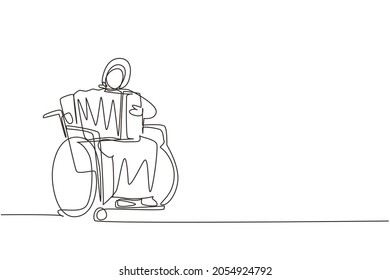 Single continuous line drawing disabled Arabian woman in wheelchair playing accordion music. Physically disabled. Person in hospital. Rehabilitation center patient. One line draw graphic design vector