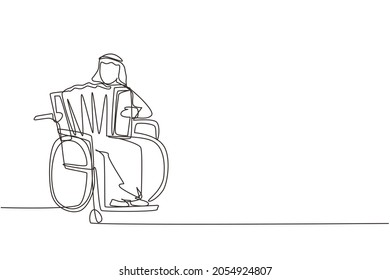 Single continuous line drawing disabled Arab man in wheelchair playing accordion music. Physically disabled. Person in hospital. Rehabilitation center patient. One line draw design vector illustration