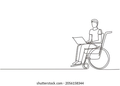 Single Continuous Line Drawing Disabled Man Working On Laptop. Wheelchair, Idea, Computer. Freelance, Disability. Online Job And Startup. Physical Disability And Society. One Line Draw Design Vector