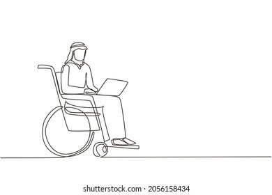 Single continuous line drawing disabled Arab man working on laptop. Wheelchair, idea, computer. Freelance, disability. Online job, startup. Physical disability and society one line draw design vector