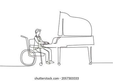 Single continuous line drawing disabled handsome man in wheelchair playing piano in concert. Disability and classical music. Physically disabled. One line draw graphic design vector illustration