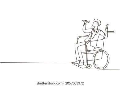 Single continuous line drawing disabled person enjoying life. Handsome man sitting in wheelchair singing at karaoke bar. Spend time in recreational place. One line draw design vector illustration