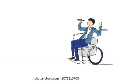Single continuous line drawing disabled person enjoying life. Handsome man sitting in wheelchair singing at karaoke bar. Spend time in recreational place. One line draw design vector illustration