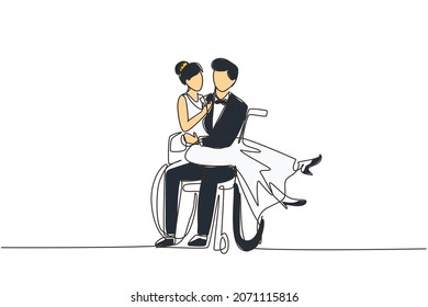 Single continuous line drawing disabled man carrying woman in wheelchair. Happy couple at wedding celebration. Happy family. Positive man with special needs in wheelchair. One line draw design vector