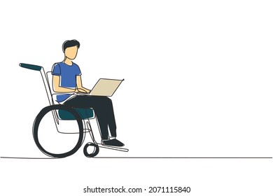 Single continuous line drawing disabled man working on laptop. Wheelchair, idea, computer. Freelance, disability. Online job and startup. Physical disability and society. One line draw design vector