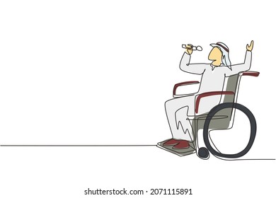 Single continuous line drawing disabled person enjoying life. Arabian man sitting in wheelchair singing at karaoke. Spend time in recreational place. One line draw graphic design vector illustration