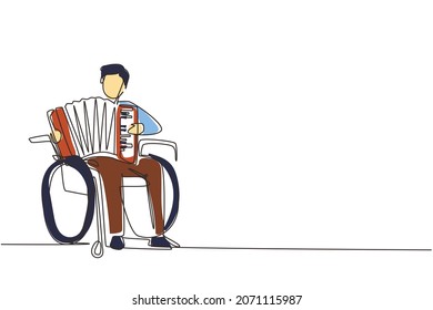 Single continuous line drawing disabled handsome man in wheelchair playing accordion music. Physically disabled. Person in hospital. Rehabilitation center patient. One line draw design vector