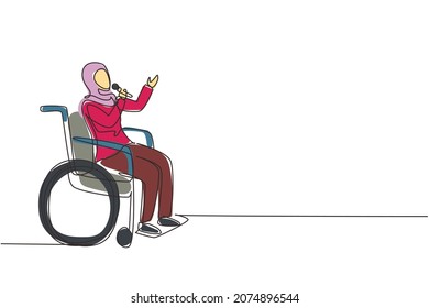 Single continuous line drawing disabled person enjoying life. Arabian woman sitting in wheelchair singing at karaoke. Spend time in recreational place. One line draw graphic design vector illustration